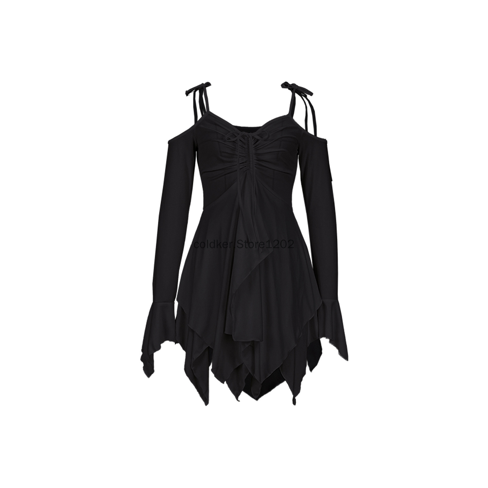 Robe Courte Plissée Gothique Femme 2026 avec Cordon de Serrage, Couleur Unie, Style Y2K, Irrégulière, à Lacets, Épaules Dénudées, Manches Longues
