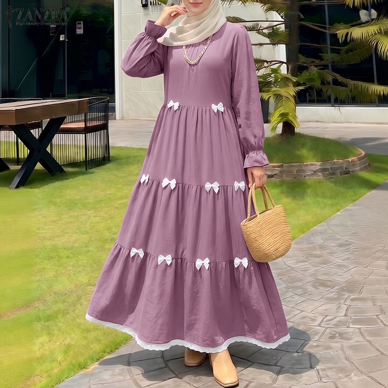 Robes Musulmanes Tendance 2026 ZANZEA – Robe de Ramadan Élégante pour Femme, Col Rond, Manches Longues, Nœuds, Robe d'Été, Abaya de Dubaï, Femme, Hijab, Vestidos