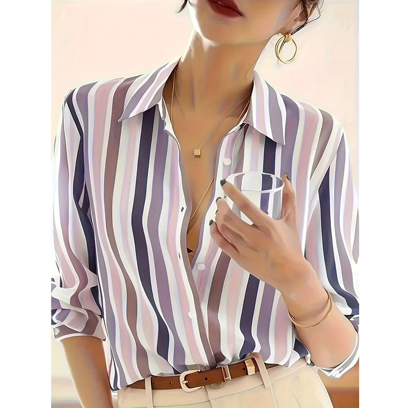 Chemise à col rabattu pour femme, élégante et Chic, tempérament Simple, chemises rayées de couleur contrastée, chemisiers en mousseline de soie à manches longues