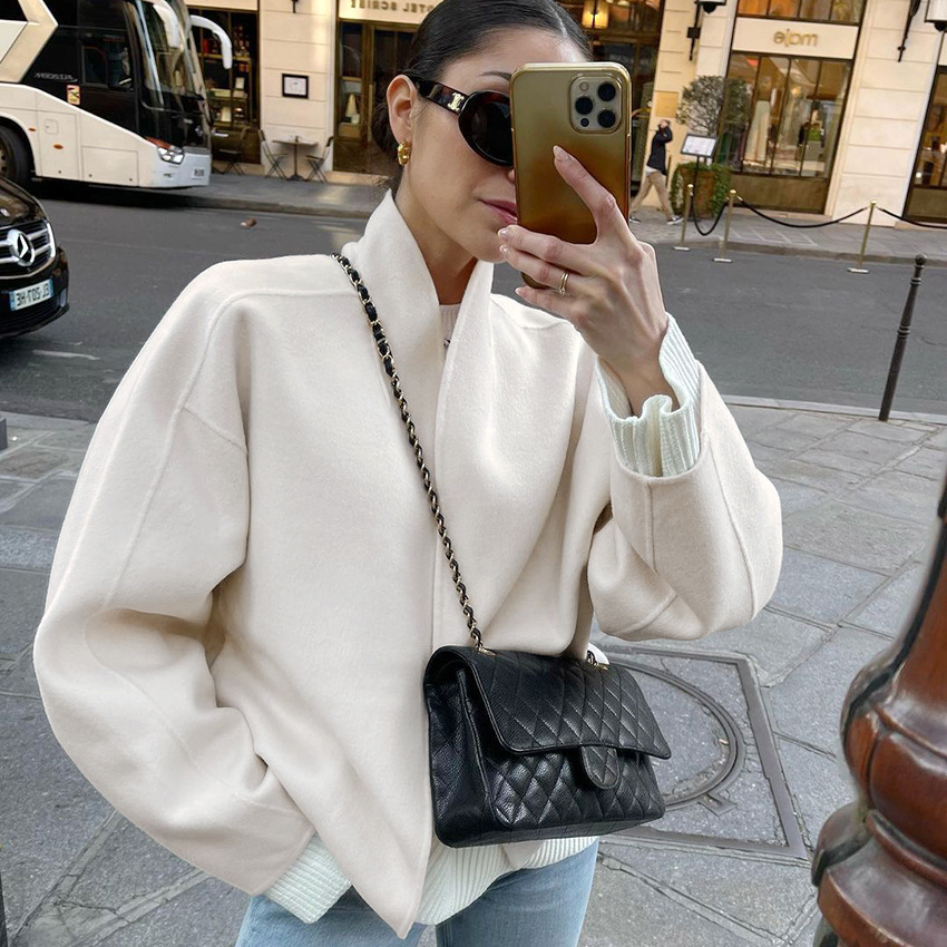 Veste blanche à col roulé pour femme, manteau court élégant et chaud, nouveau Style pour le printemps et l'automne
