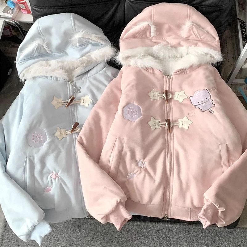 Parka Lolita brodée de dessin animé Style Preppy japonais pour femme, manteau à capuche en fourrure, Patchwork, Harajuku Y2k, vêtements chauds d'hiver