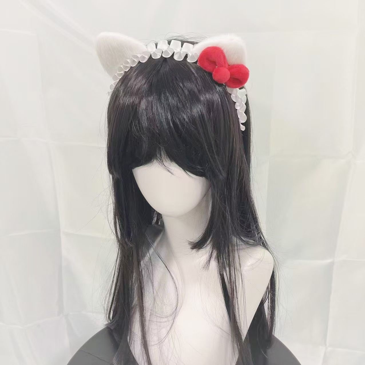 Cerceau de cheveux blanc fait à la main avec oreilles de chat, avec nœud papillon rouge, accessoires pour cheveux Lolita faits à la main, coiffure pour femmes