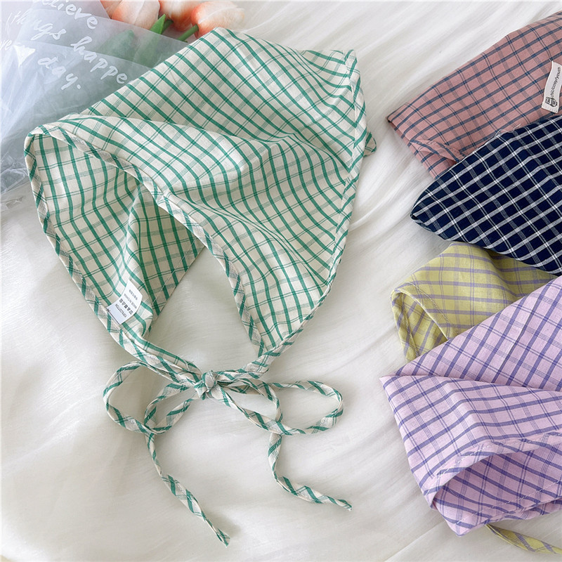 Écharpe Triangle en Coton et Lin pour Femme, Bandanas à Carreaux, Turban avec Sangle, Corde, Printemps, Été, Automne
