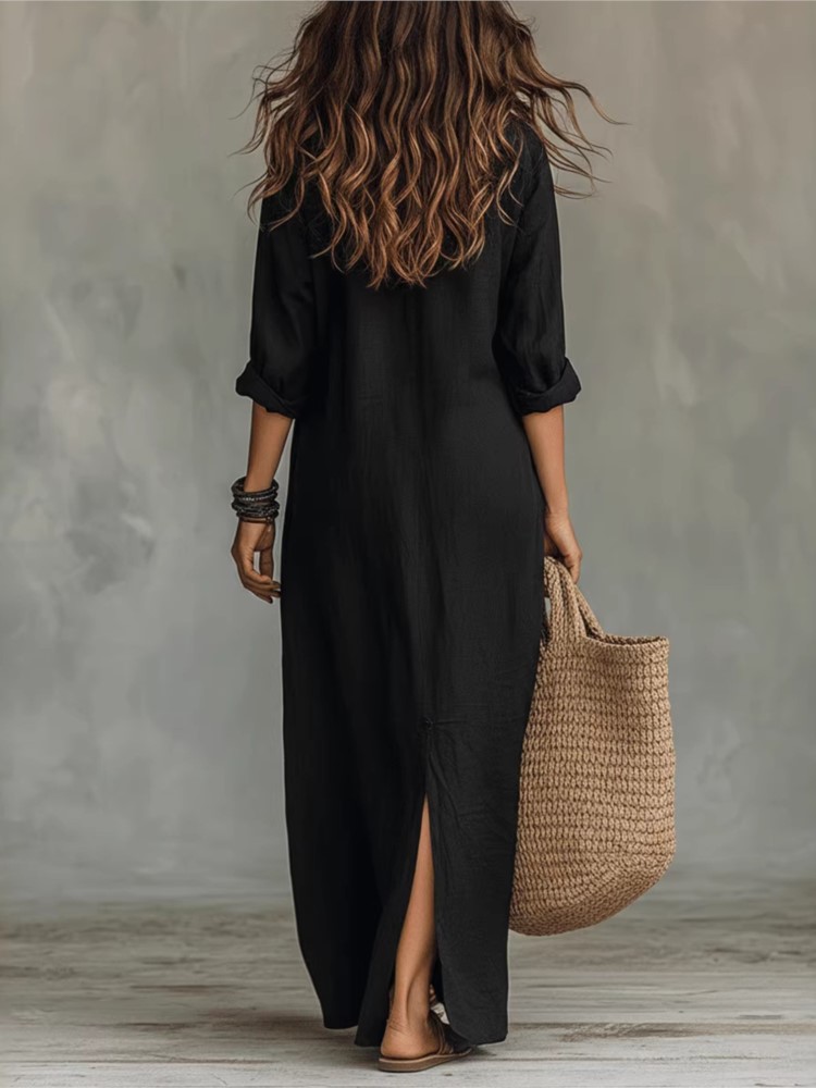 Robe longue décontractée blanche pour femme, style bohème d'été, col rabattu, boutons, manches longues, fendue, idéale pour la plage et les vacances
