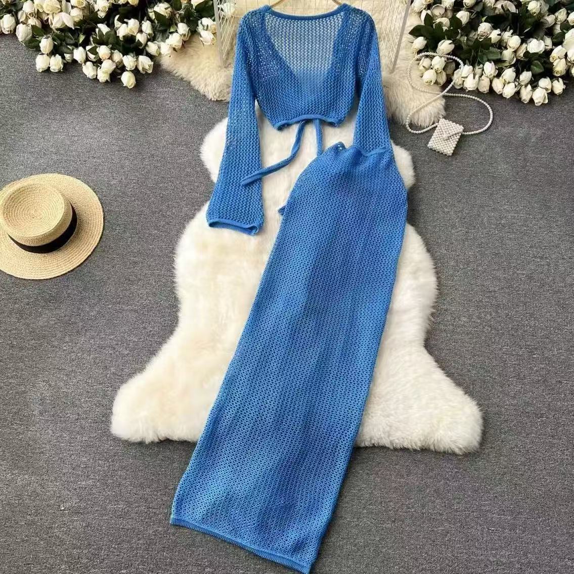 Jupe tricotée transparente à manches longues pour femmes, haut une pièce, vêtements de plage, couverture de bikini de vacances, blouse de protection solaire, bain de soleil