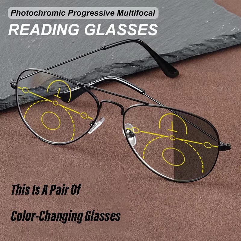 Lunettes de lecture multifocales photochromiques de style décontracté pour hommes, monture plaquée métal, verres anti-lumière bleue de qualité supérieure