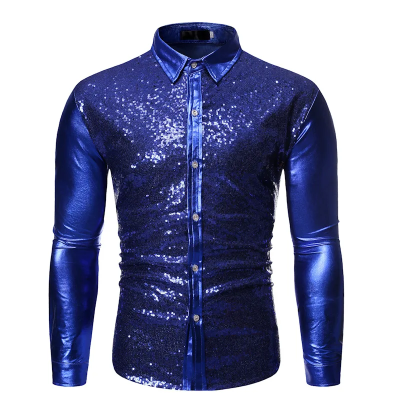 Chemises de luxe à paillettes métalliques rouges pour hommes, manches longues, chemise de fête Chang des années 70, costume de Noël et d'Halloween, nouveau, 2024