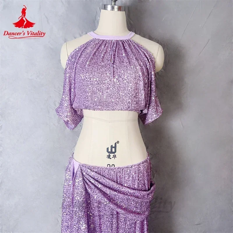 Ensemble de costumes de concours de danse du ventre pour femmes, haut à paillettes + jupe longue fendue, Costume d'entraînement 2 pièces, tenue orientale personnalisée pour adultes et enfants