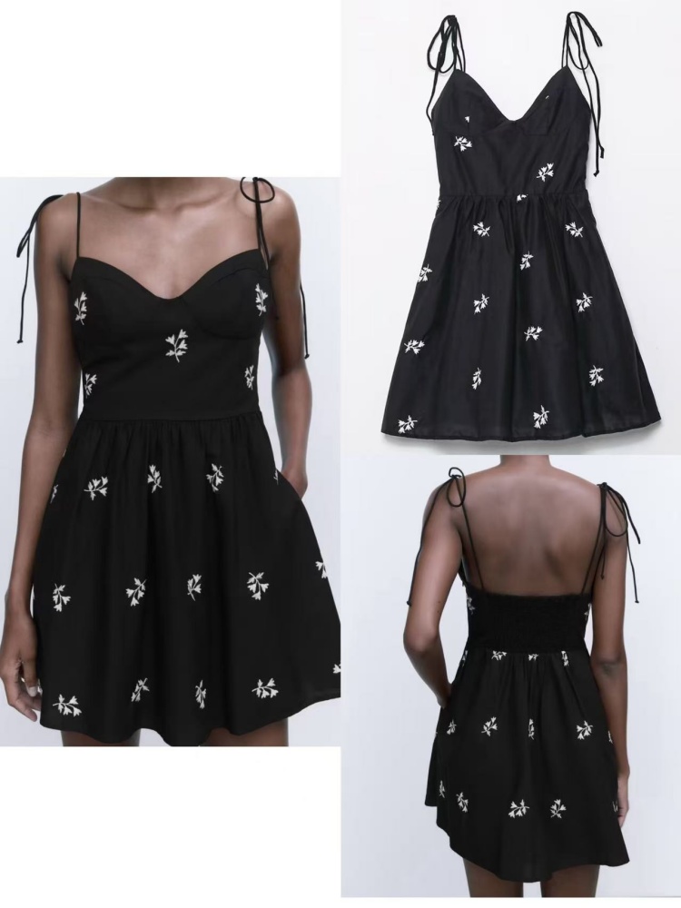 Robe noire pour femme, en taffetas, broderie florale, robe de fée courte, col en V sans manches, bretelles réglables, dos nu, pure et élégante