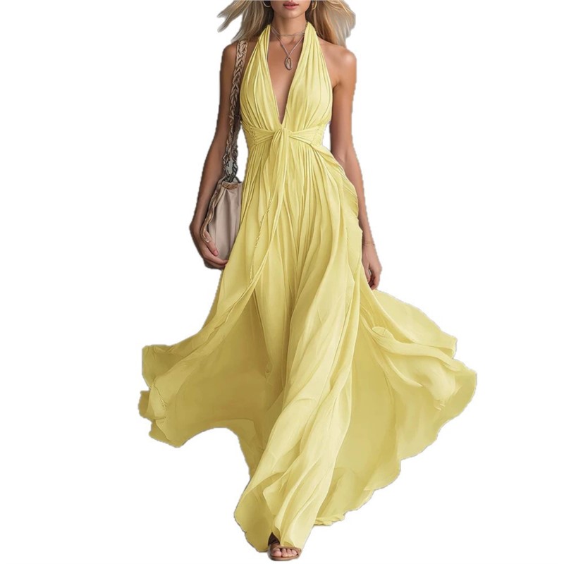 Nouvelle Robe d'été 2026 pour Femme, Col en V, Taille Cintrée, Couleur Unie, Sexy, Élégante, Tendance Haut de Gamme, Sans Manches, Vestidos