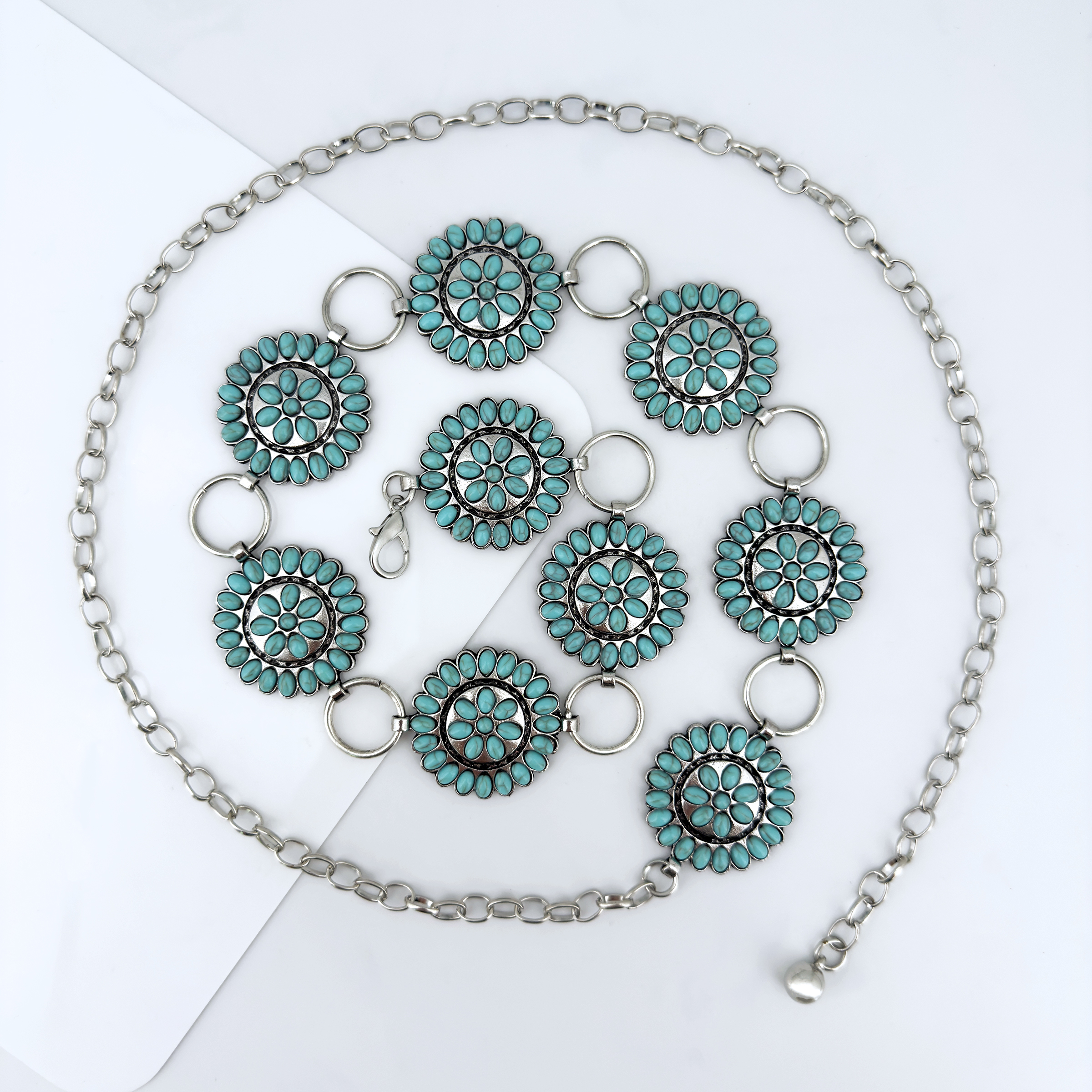 Ceinture ethnique ronde style western tendance pour femme, incrustée de turquoise ; polyvalente pour robes, jeans, mode Y2K et avant-gardiste