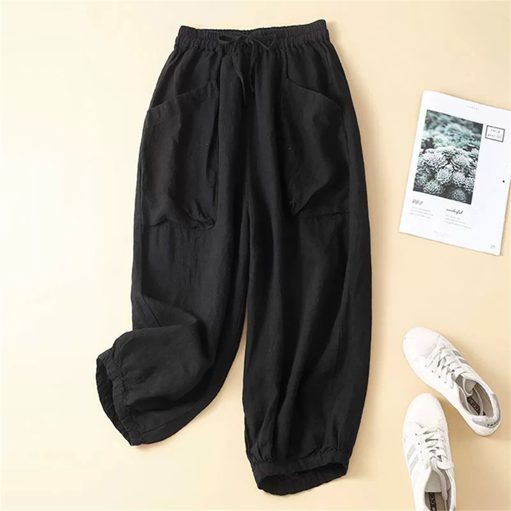 Mode coréenne coton noir pantalon femmes été 2025 nouveau décontracté ample grandes poches élastique taille haute lanterne pantalon pantalon