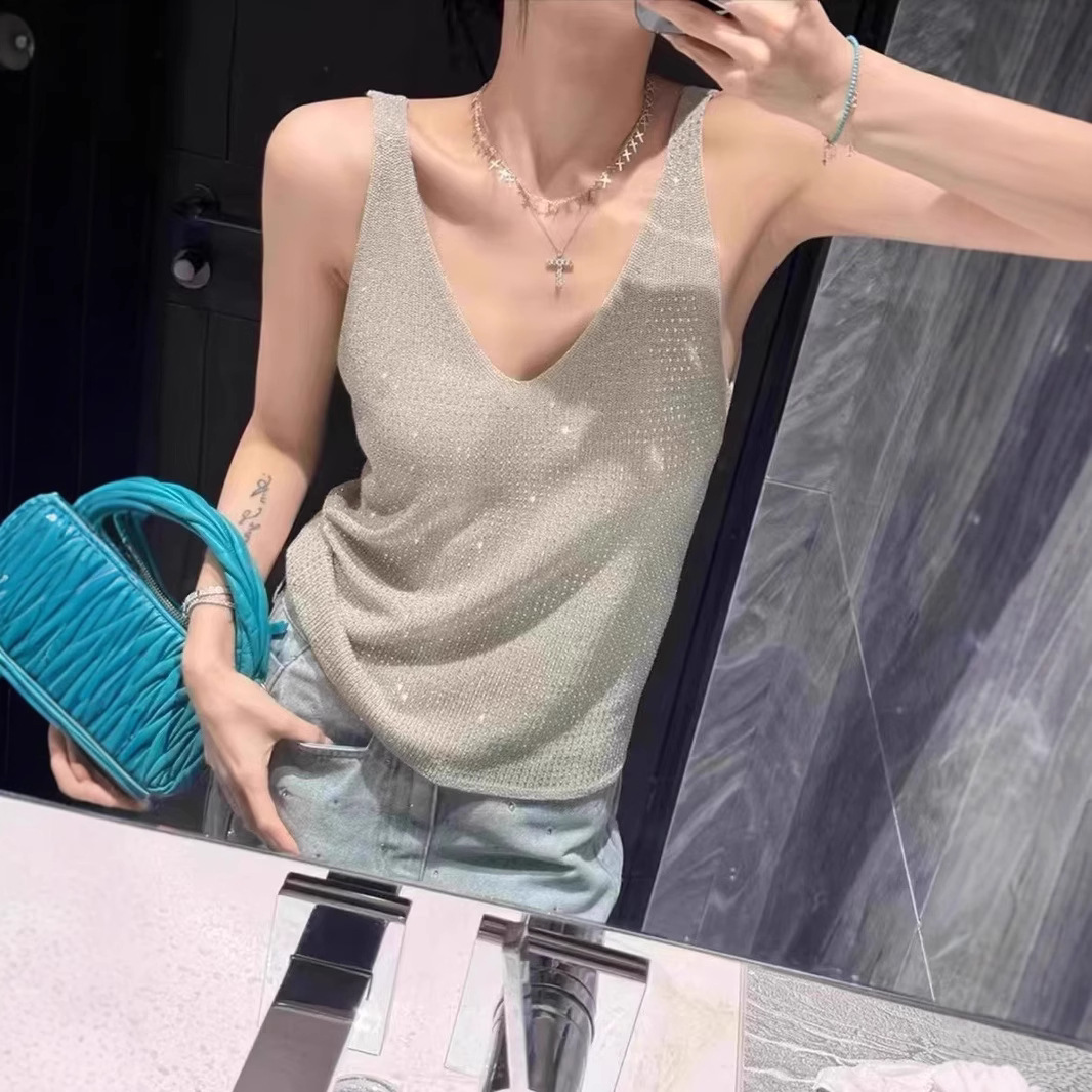 Nouveau débardeur tricoté élégant et décontracté pour femme, style urbain, coupe ajustée, à sequins, style Spice Girls, tendance