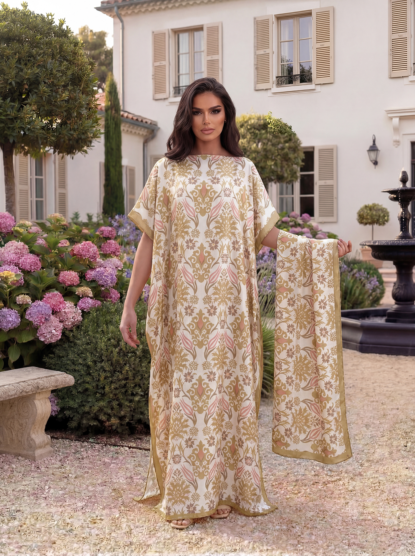 Abaya vintage en satin imprimé floral damassé avec foulard, kaftan maxi ample pour femmes musulmanes africaines, tenue d'été pour la plage et les vacances