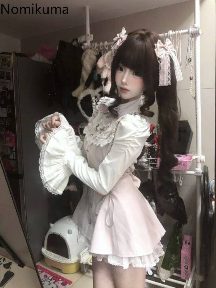 Vêtements pour femmes robe costume deux pièces ensembles Roupas Femme Style Lolita taille mince nœud dentelle robes douces tenues japonais mignon ensemble