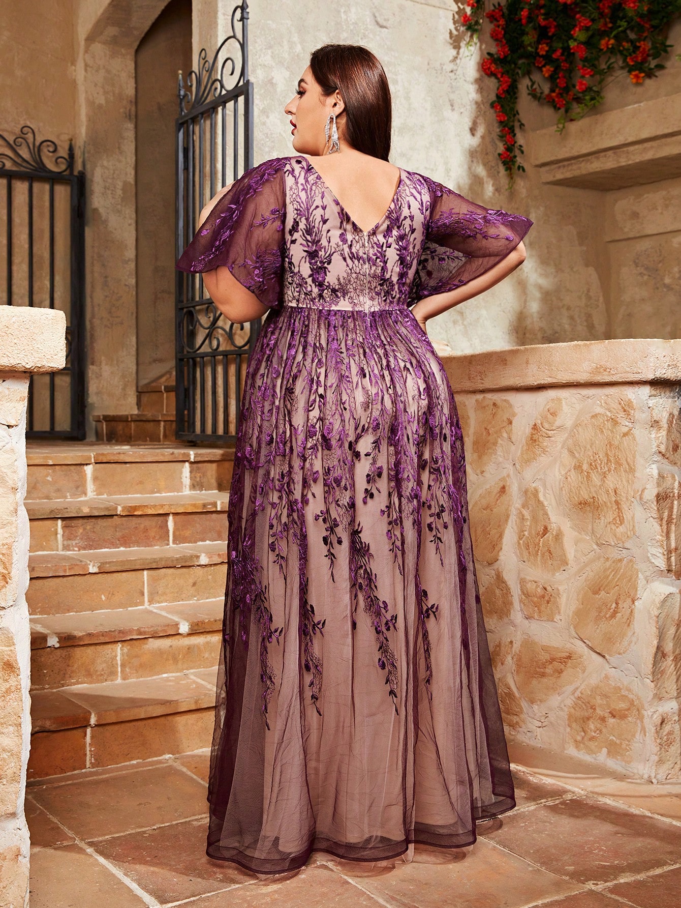 Mgiacy grande taille col en v dentelle brodée grande trompette manches couleur maille jupe longue robe de soirée robe de bal robe de soirée