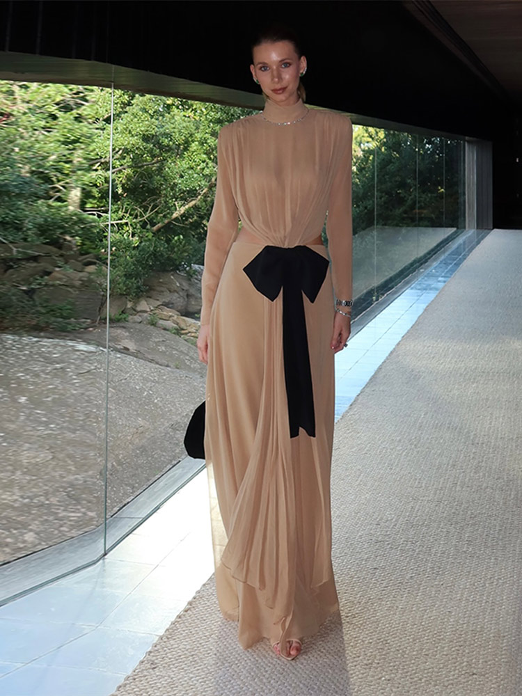Nouvelle Robe Longue Chic Femme à Col Roulé, Découpes et Nœud, Manches Longues, Dos Nu, Plissée, Coupe Ajustée, pour Soirée et Cérémonie