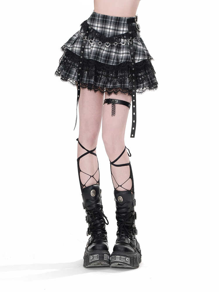 Mini jupe d'été en dentelle pour femmes, académique foncé Y2k Preppy Kpop, taille haute, Plaid JK, fête, coréen, Harajuku, japonais, Grunge, Cyber Punk