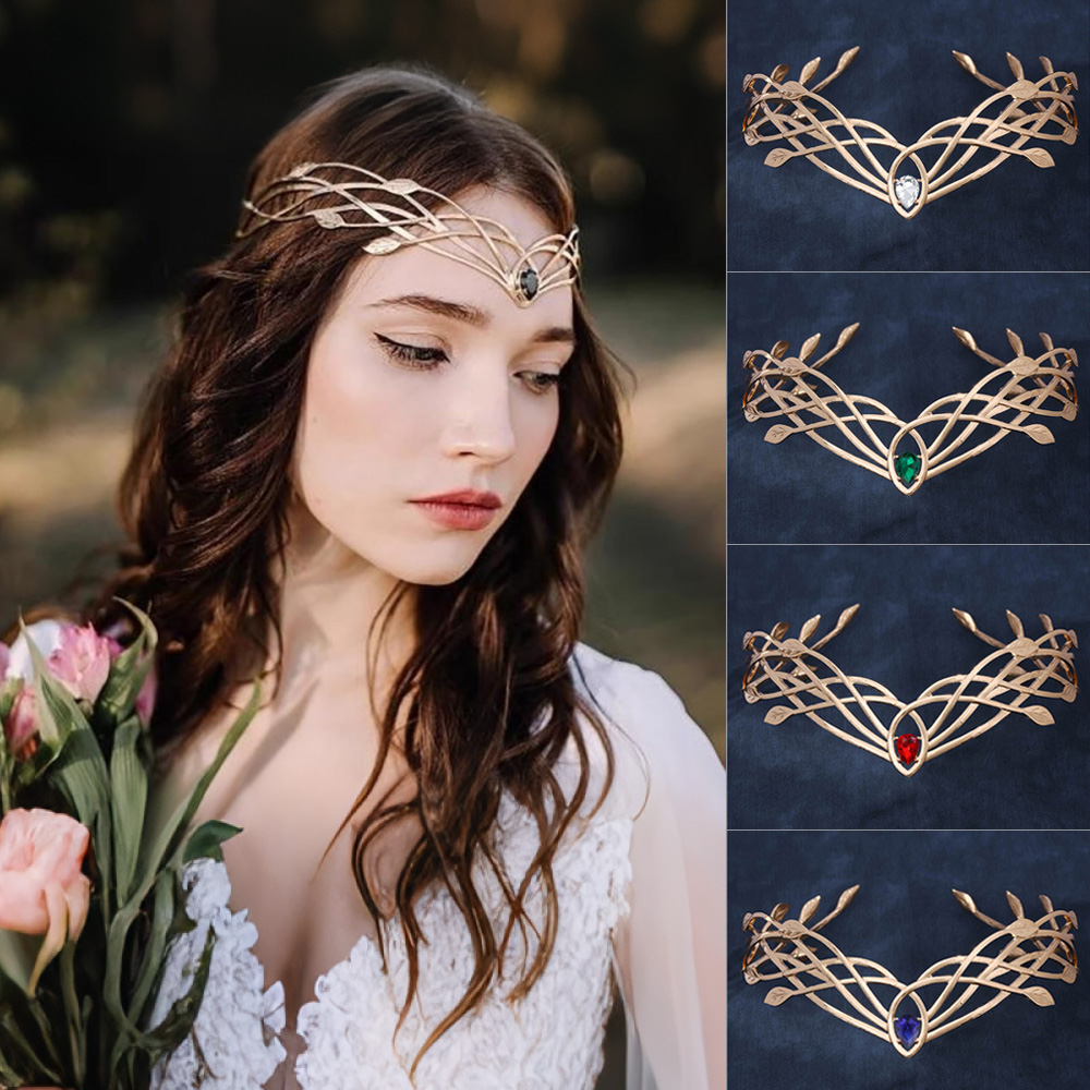 Diadèmes de luxe bandeaux pour femmes feuille cristal couronne déesse Cosplay front rond elfes couronnes accessoires de cheveux de mariée