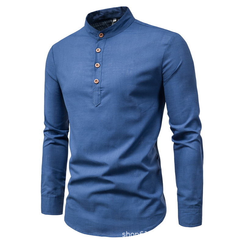 Chemisier hommes été décontracté classique couleur unie décontracté mince col montant bouton chemise à manches longues vêtements pour hommes