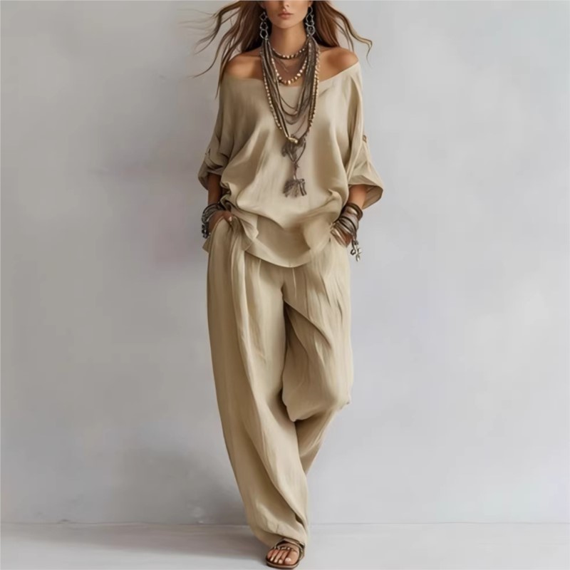 Ensemble décontracté deux pièces pour femme, haut à manches trois-quarts et pantalon large à une épaule, en lin uni, nouvelle collection été 2026