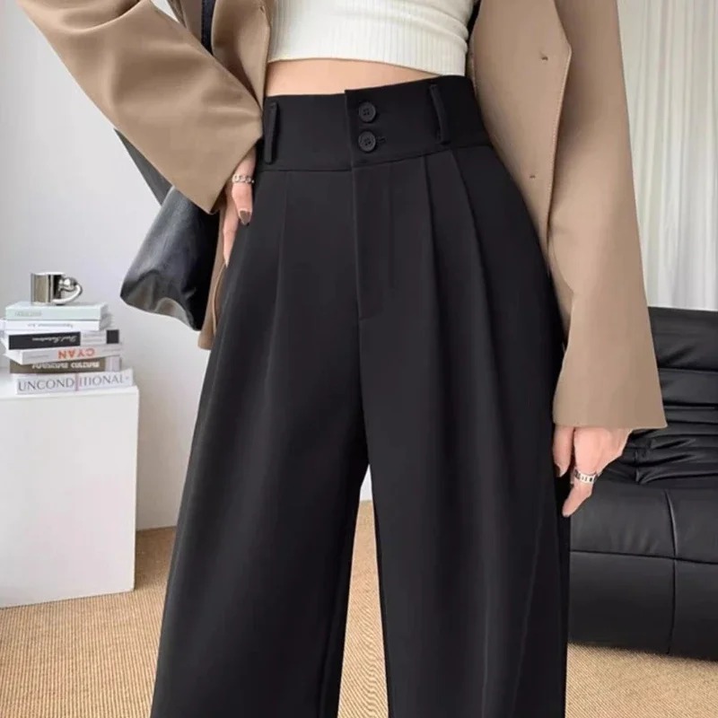 Pantalon à jambes larges pour femmes, élégant, Style coréen, taille haute, Baggy noir, bureau, mode dames, costume ample, Streetwear