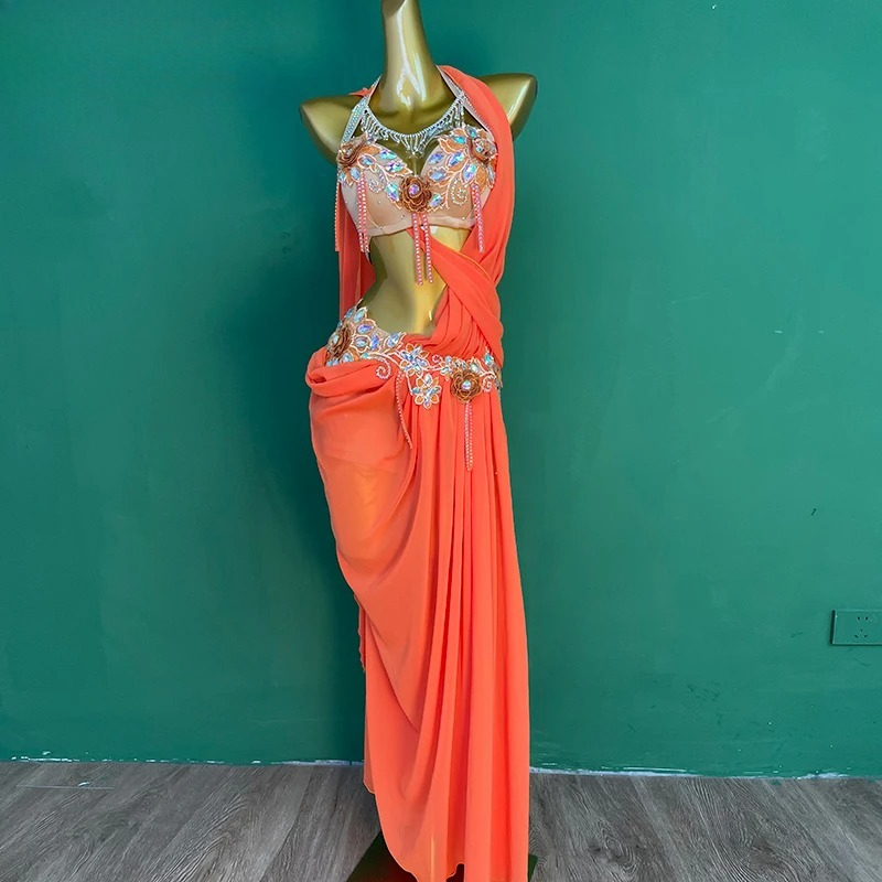 Robes de concours de danse du ventre pour adultes et enfants, robe longue personnalisée avec pierres AB, tenue de spectacle de danse orientale