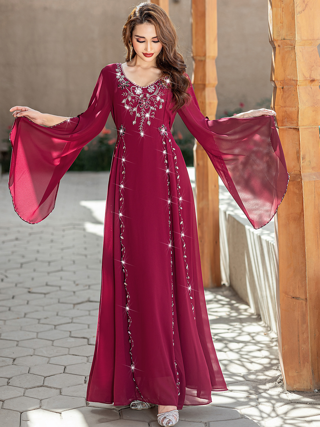 Robe Eid pour femmes diamant col en V en mousseline de soie Abaya robes longues de fête Robe musulmane Jalabiya Ramadan maroc 2025 robes Largos