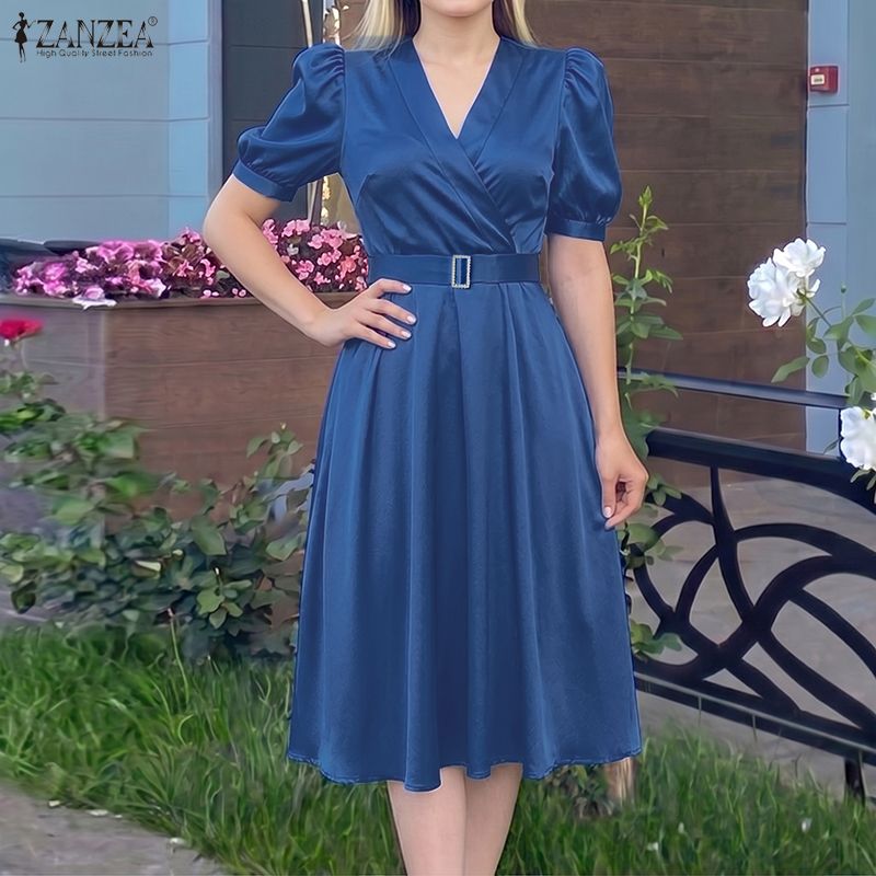 ZANZEA – robe mi-longue en satin soyeux pour femmes, élégante, col en v, manches courtes bouffantes, ceinture, coupe trapèze, robe de Cocktail gracieuse