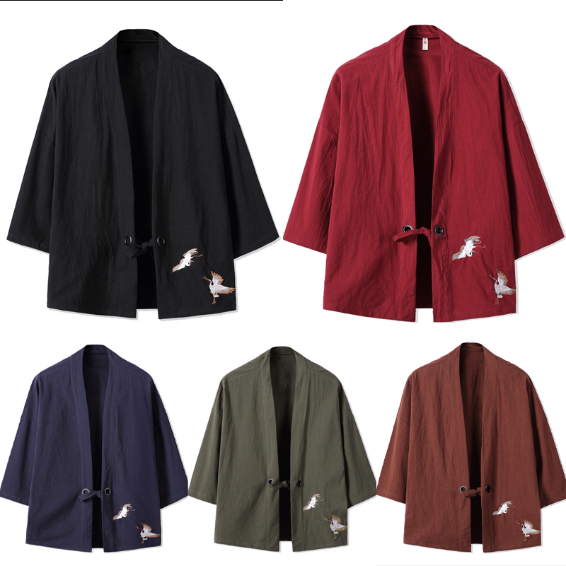 Kimono Haori Brodé de Grue de Style Chinois pour Homme, Costume de Samouraï, Harajuku, Japonais, Vêtements Asiatiques, Cardigan, Veste