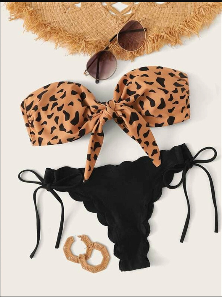 Maillot de bain femme 2026 sexy, style bikini bandeau, imprimé léopard, avec laçage frontal, push-up, volants et nœud, coupe string