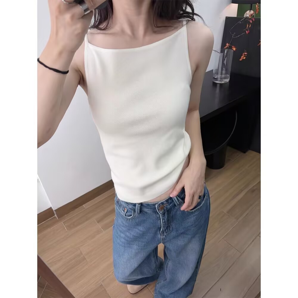 Gilet camisole slim pour femmes, haut sans manches à col bateau de couleur unie