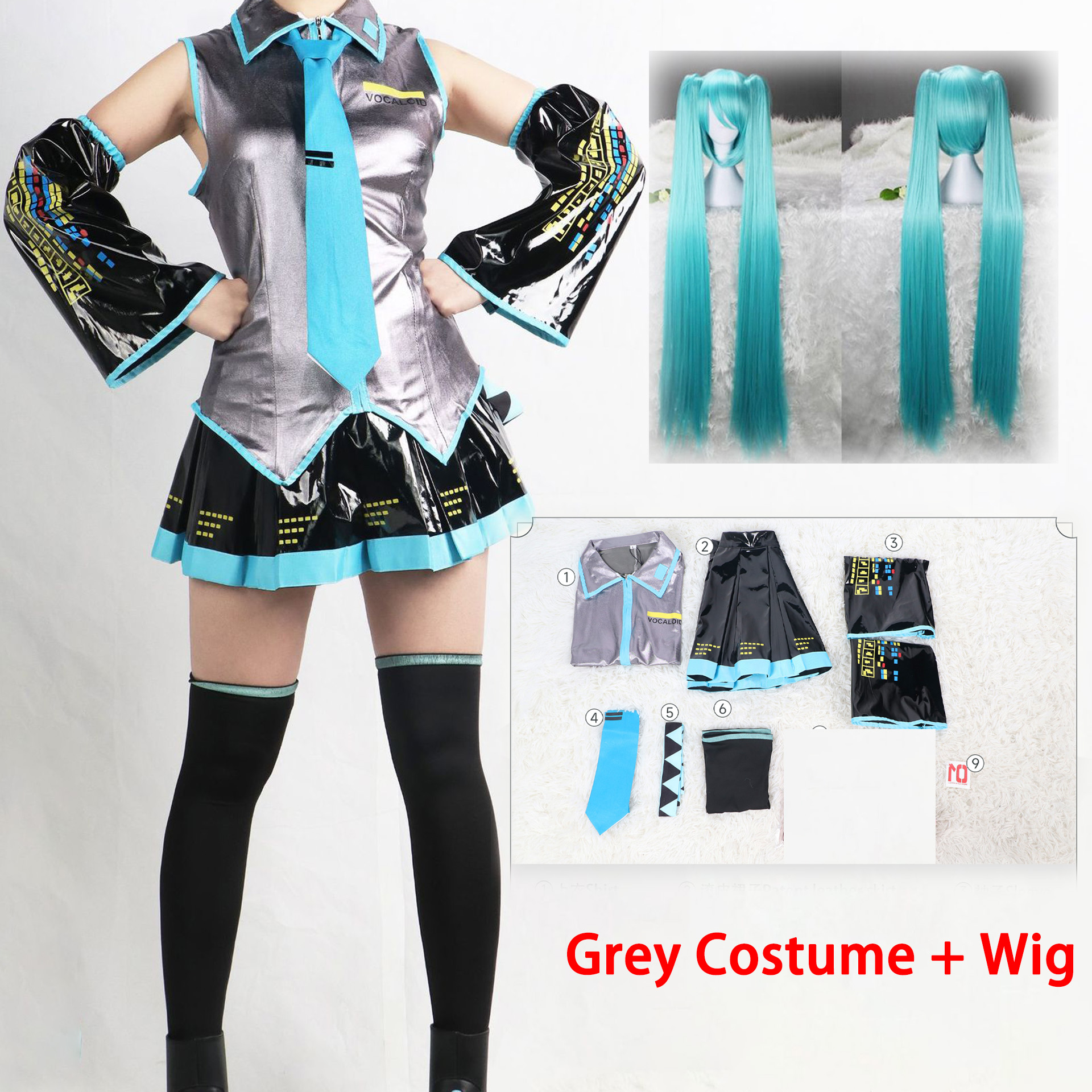 Costume de Cosplay Miku, ensemble complet en tissu cuir argenté, couvre-chef de Cosplay, tenue de Costume, robe de marin JK, uniforme scolaire