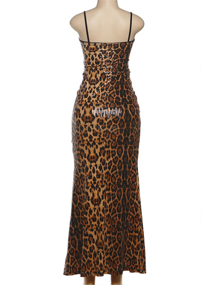 Robe en dentelle à paillettes imprimé léopard pour femmes, tendance d'automne, bretelles Spaghetti, Sexy, élégante, soirée, slim, extensible, Maxi, moulante