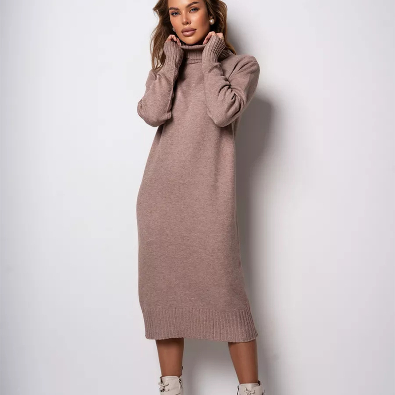 Robe tricotée côtelée à col roulé pour femme, pull basique à manches longues, couleur unie, automne hiver