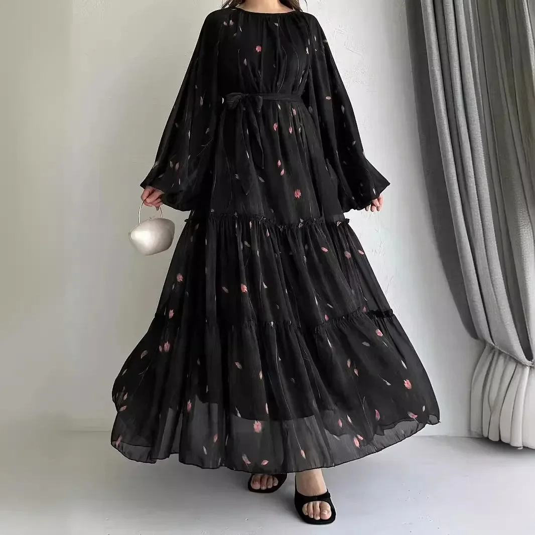 Eid Robe Abaya musulmane pour femmes imprimer ceintures en mousseline de soie Jalabiya caftan Islam arabe longue Robe Ramadan maroc Abayas tenues