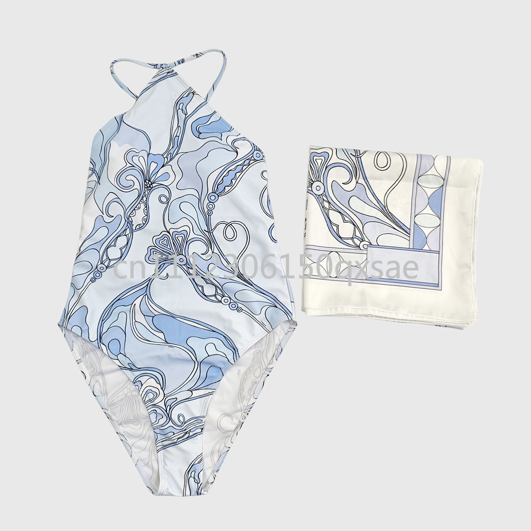Ensemble de maillots de bain et de bikinis de luxe pour femmes, design classique, bleu, avec foulard bandeau et logo signature de créateur