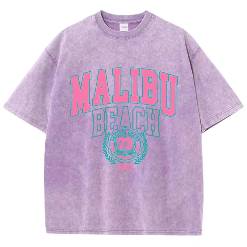 T-shirt Malibu Beach délavé, imprimé lettres, en coton, confortable, col rond, décontracté, surdimensionné, vêtements vintage