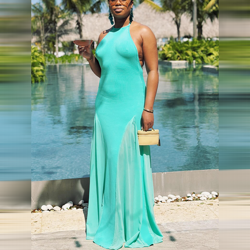 Robe longue sirène élégante turquoise à col halter, chic, sans manches, dos nu, moulante, nouvelle collection 2026, pour occasions formelles et vacances d'été