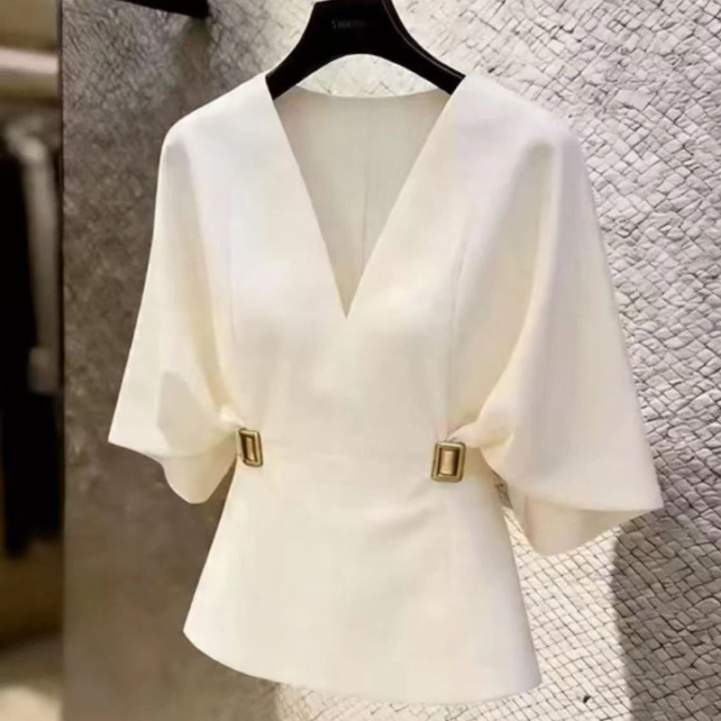 Nouvelle Blouse Élégante à Col en V pour Femme, Manches Courtes, Couleur Unie, Style Simple et Polyvalent, Idéale pour le Bureau et la Mode Estivale