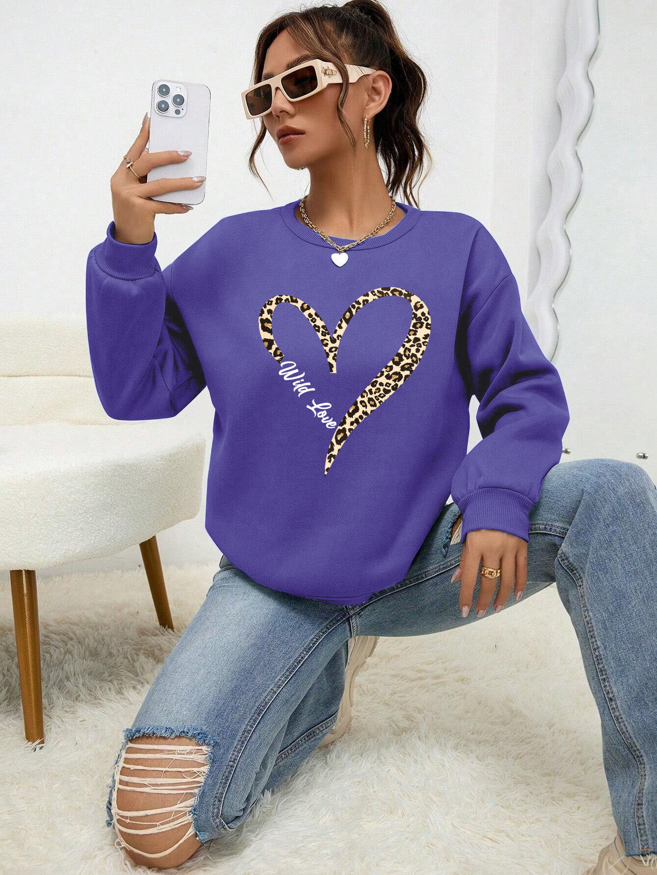 Sweat-shirt à col ras du cou pour femme, imprimé léopard, motif cœur sauvage, doublure en fourrure, pull Hipster, vêtements assortis avec tout