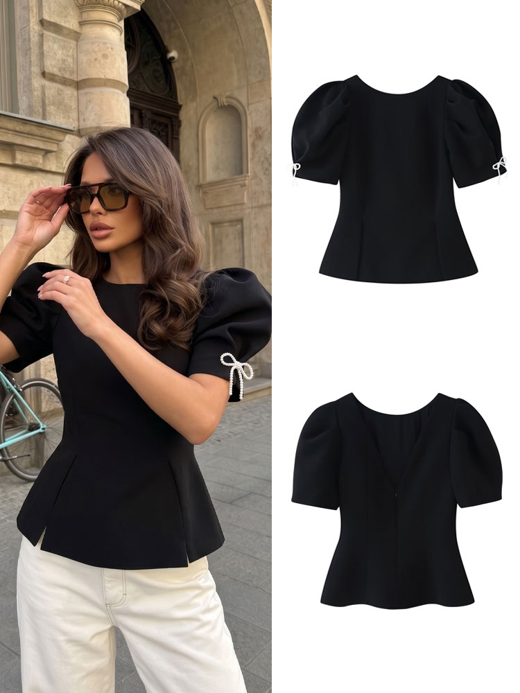 HH Femme T-shirt Noir Élégant Vintage à Col Rond, Manches Bouffantes et Nœud, Coupe Ajustée, Dos Nu, pour l'été, décontracté, les vacances et les soirées