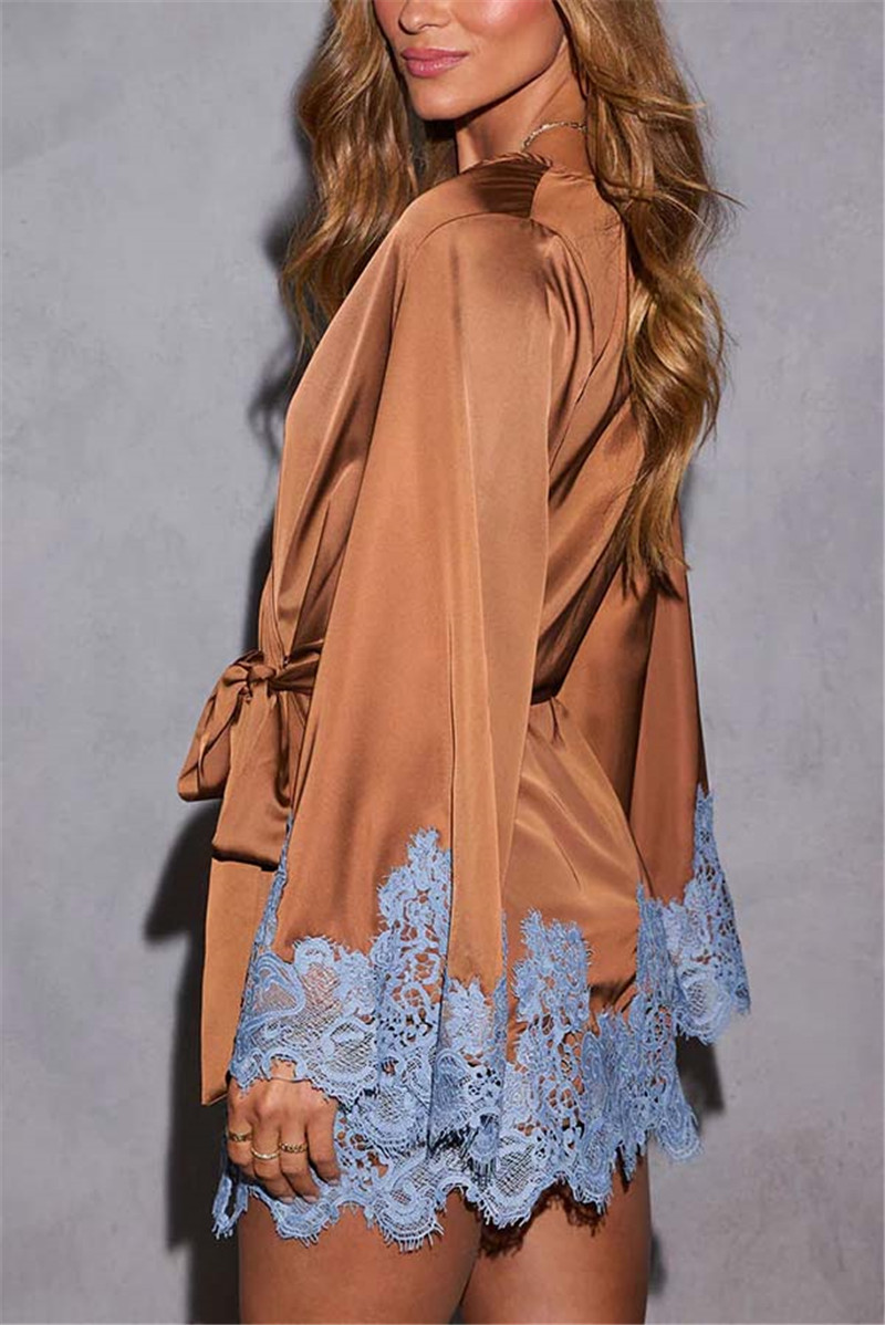 Hirigin – Robe en Satin et dentelle pour femmes, élégante, couleur contrastée, manches longues, col en V, Mini Robe pour chemise de nuit quotidienne, Robe de nuit