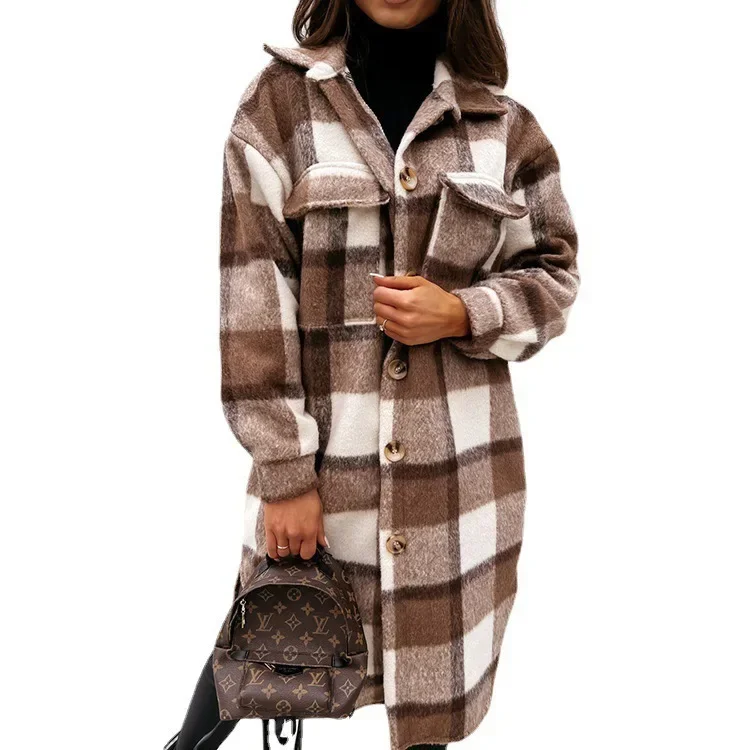 Trench-Coat à simple boutonnage, mode longue automne hiver, vêtements pour femmes, manteau à manches longues en laine à carreaux