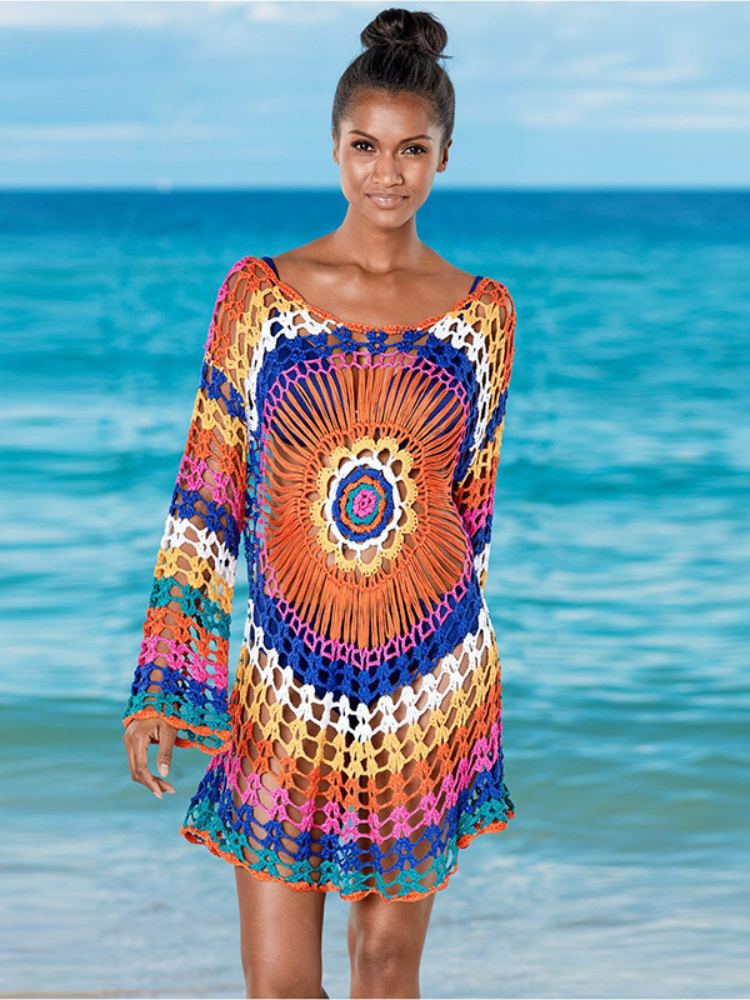 Robe de plage tricotée à manches longues faite à la main, couverture de bikini, haut au crochet arc-en-ciel, tunique de maillots de bain, mode d'été, qualité supérieure