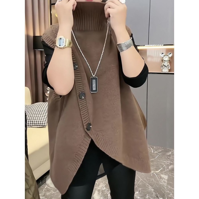 Femmes sans manches longs pull gilets Vintage irrégulière épissé bouton tricots vêtements d'extérieur pulls élégant col roulé gilets amples