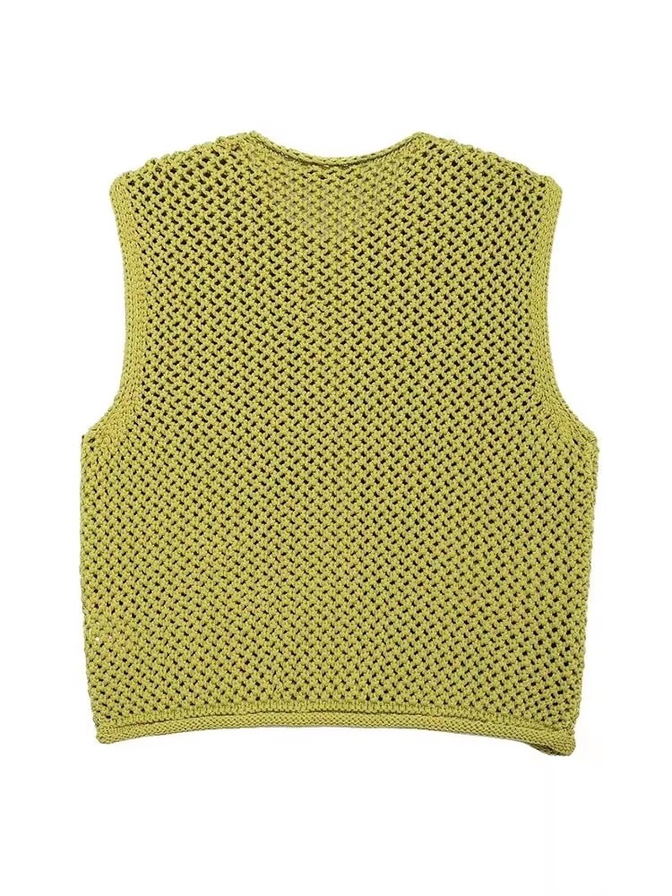 Femmes mode sans manches aiguille grossière tricot gilet pull femme Chic grandes poches Patch boutons Cardigan gilet hauts
