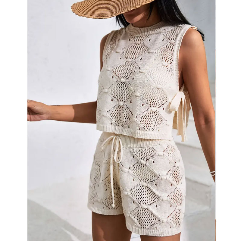 Ensemble 2 pièces tricoté au Crochet pour femmes, col rond, sans manches, fente latérale, débardeur à lacets + short, costume de plage Vacatioin