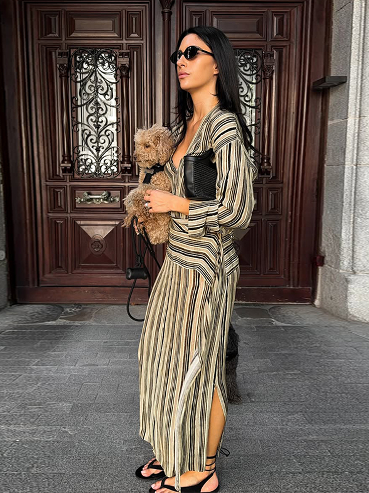 Robe rayée pour femme, col en V profond, manches longues, avec ceinture, tenue décontractée et ample pour le quotidien, collection 2026