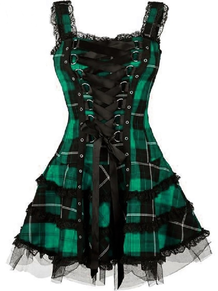 Mini robe bandage à carreaux vintage pour femmes, robes gothiques A-ligne, garniture en dentelle esthétique grunge, patchwork, punk, batterie, vêtements de fête sexy